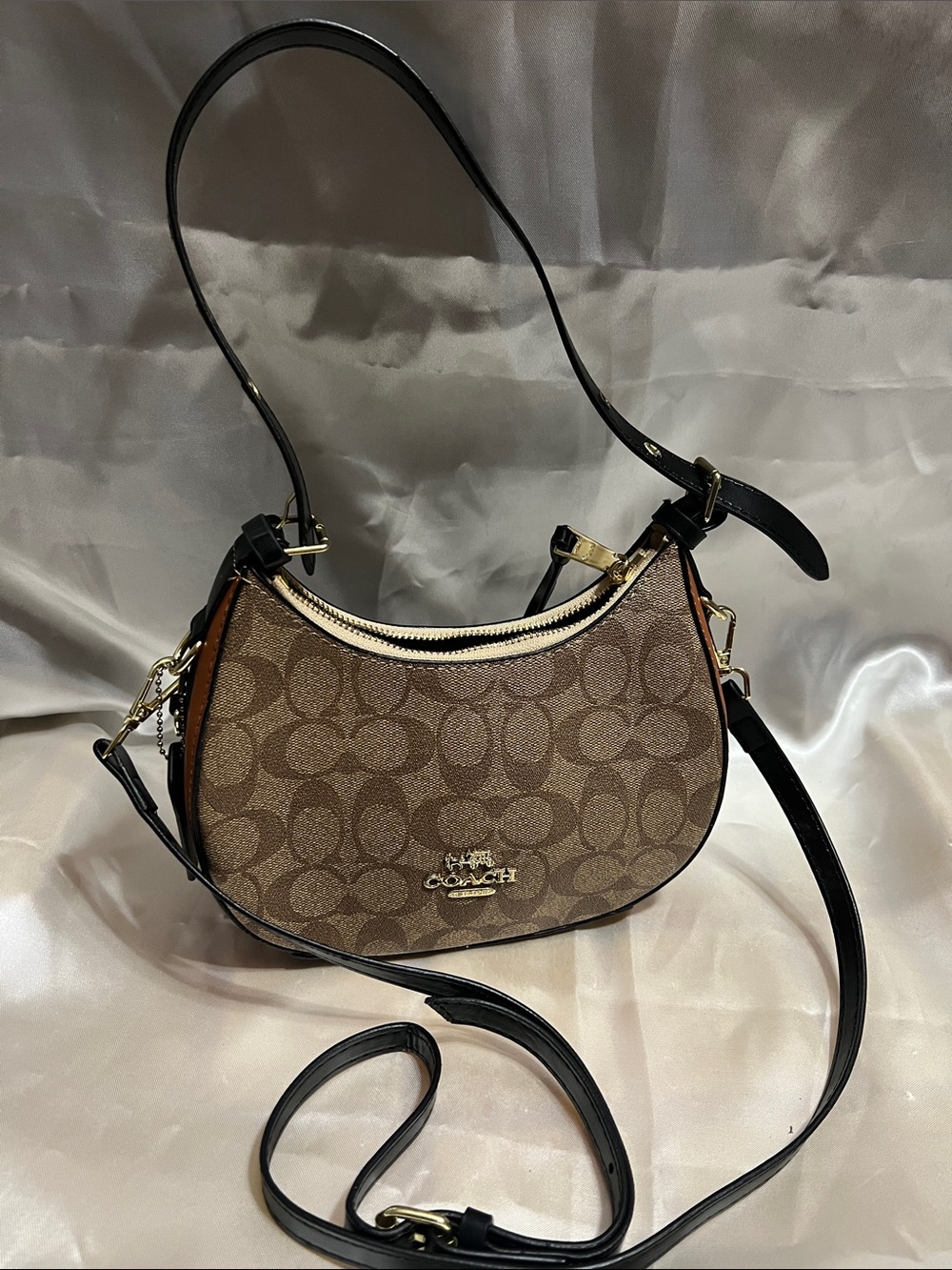 Brown Signature Canvas Crossbody with Black Strap and Gold Hardware